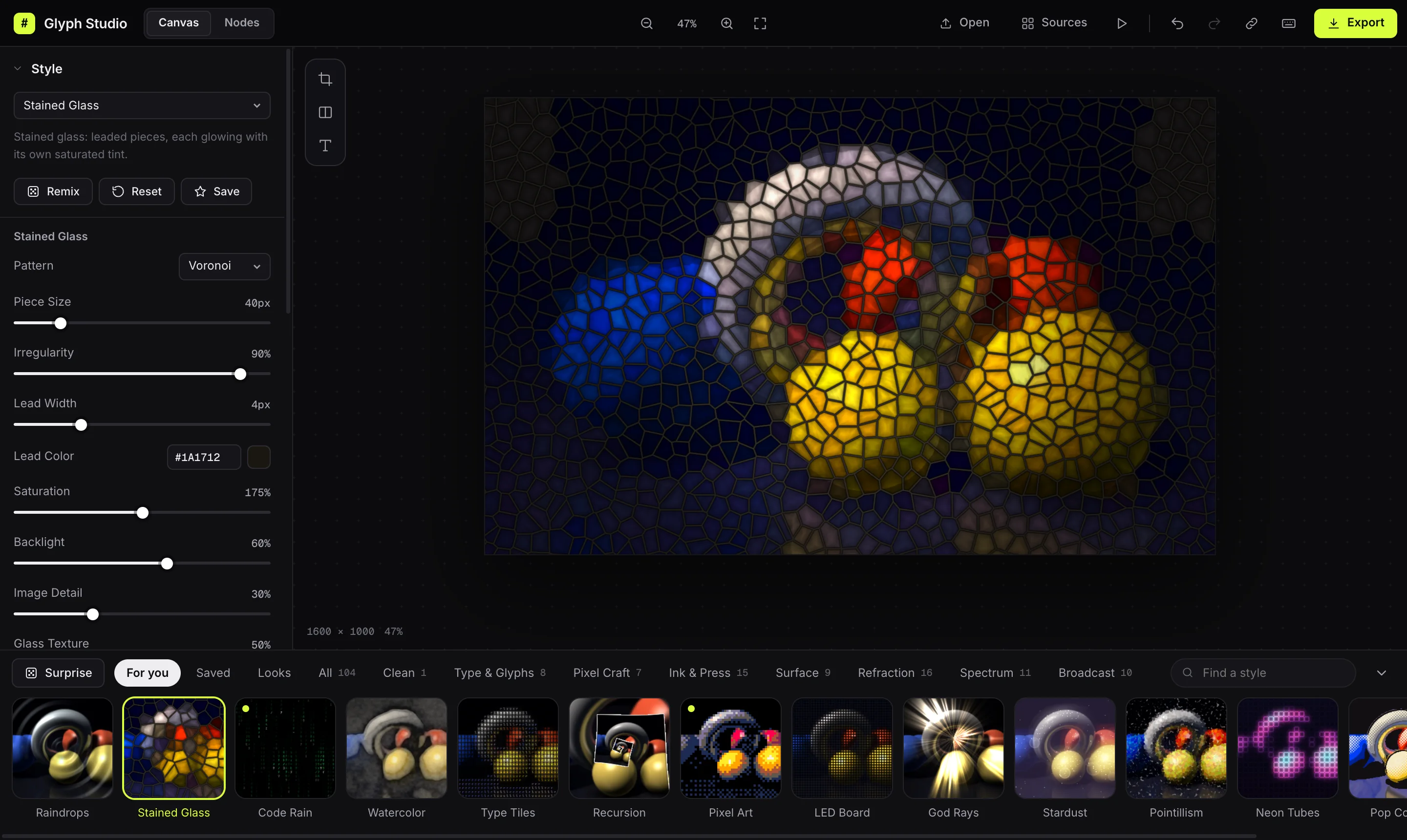 Glyph Studio with the Stained Glass style applied