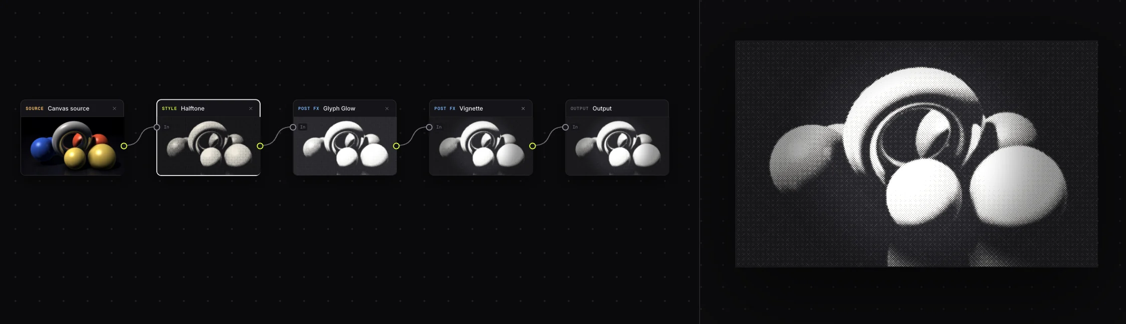 The Glyph Studio node editor chaining a halftone style into finishing passes